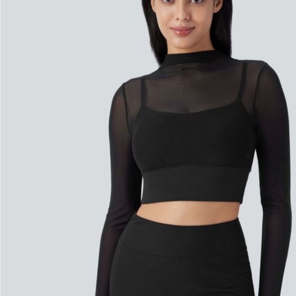 Halara Black Sheer Long Sleeve Crop Top NWT Size Xsmall - Picture 5 of 6